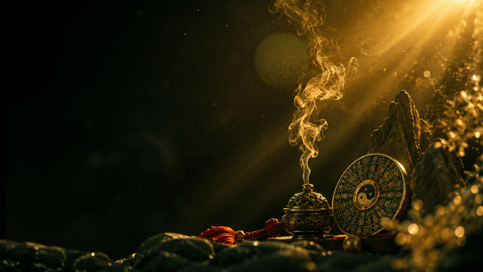 A bronze incense burner with a thin ribbon of smoke
